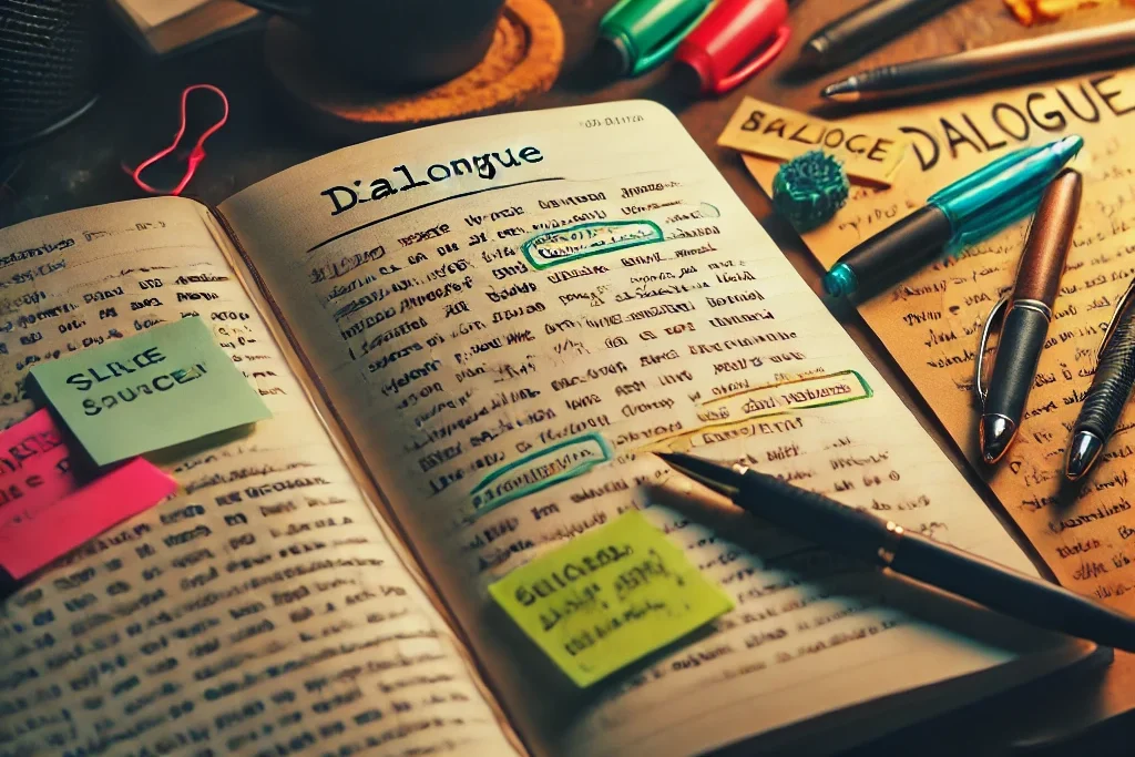 Close-up of a writer's desk with an open notebook containing handwritten dialogue snippets, scattered drafts, pens, a coffee mug, and highlighted notes, illuminated by warm desk lamp lighting, symbolizing the creative process of writing authentic dialogue